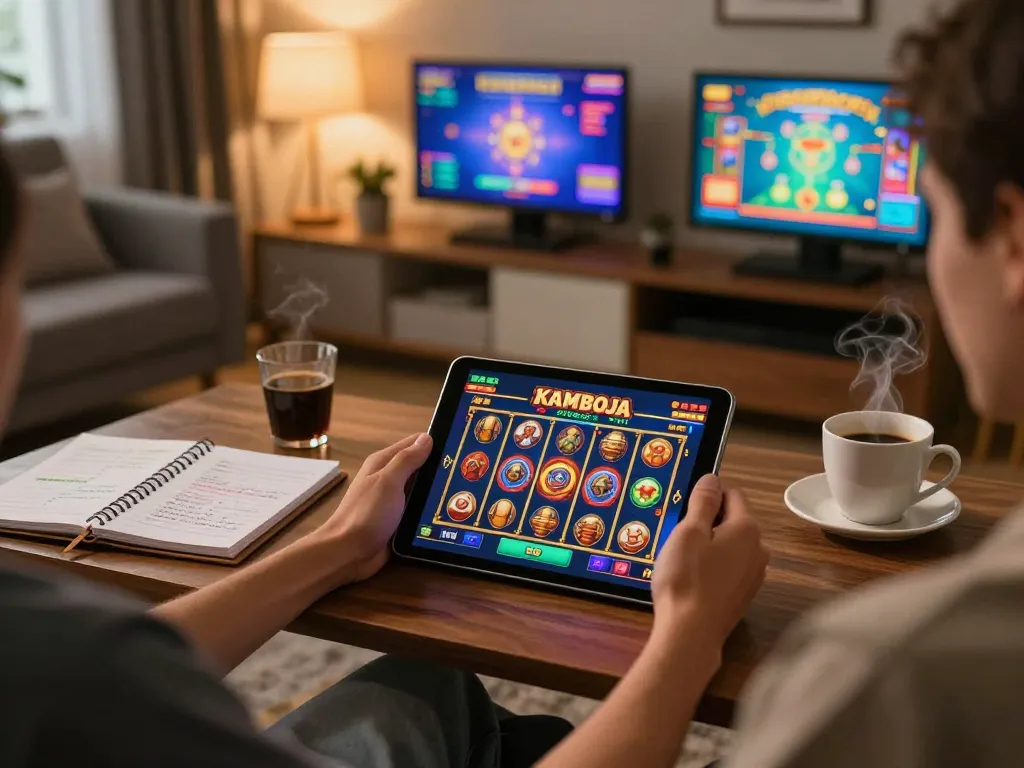 Kamboja slot gaming session on a tablet in a cozy living room, highlighting responsible gambling.