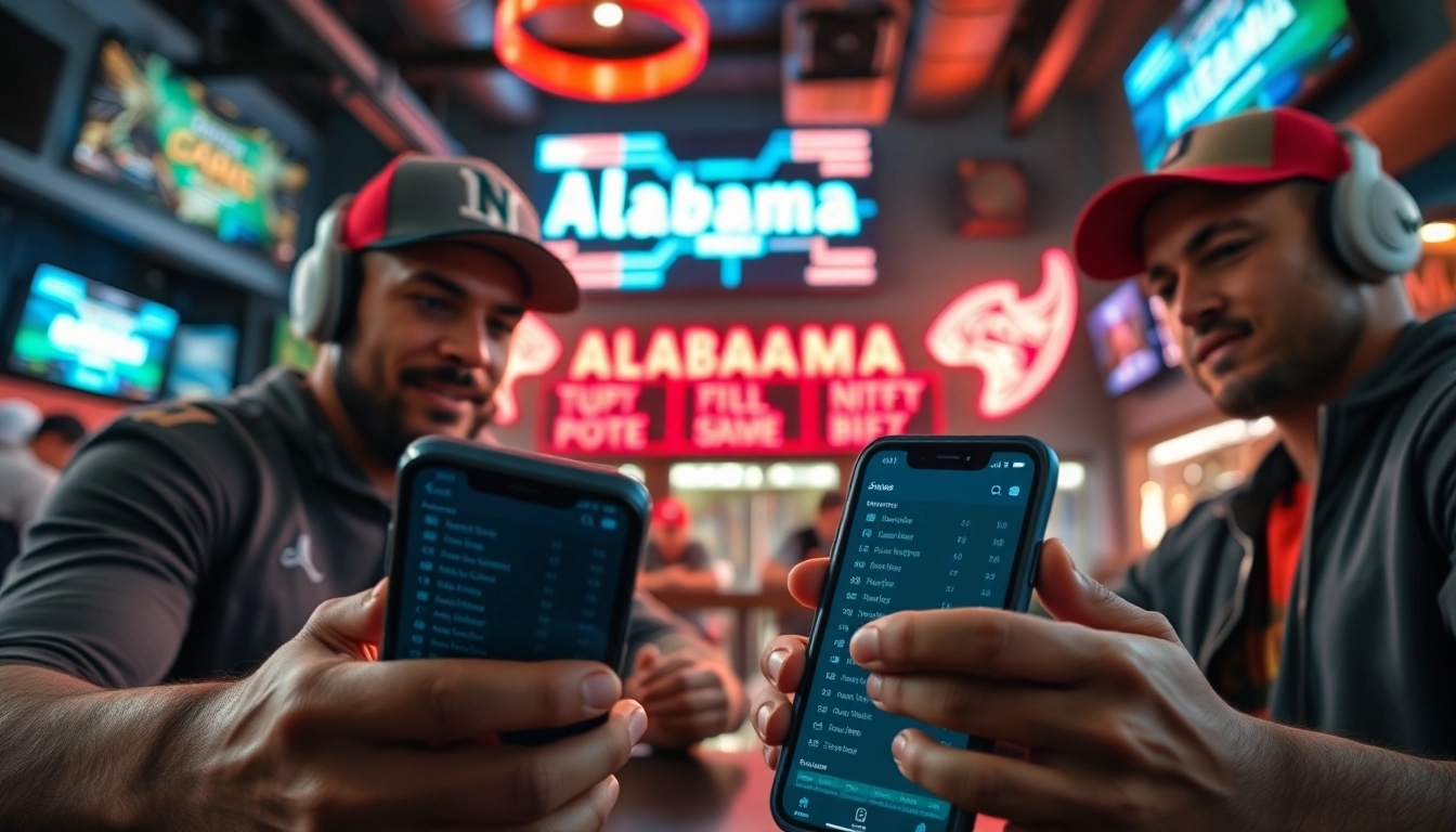 Engaging scene of sportsbooks in Alabama with digital betting screens and sports memorabilia.