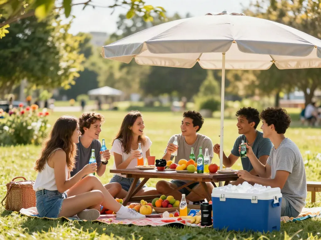 Friends enjoying ROKOK88 Soda Fresh outdoors, perfect for refreshing summer moments.