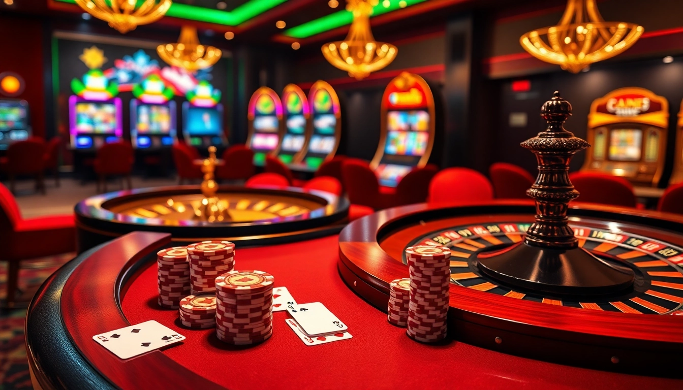 Vivez l'excitation du casino en ligne français avec une scène de jeu luxueuse, mettant en avant des tables de poker et des jetons vibrants.