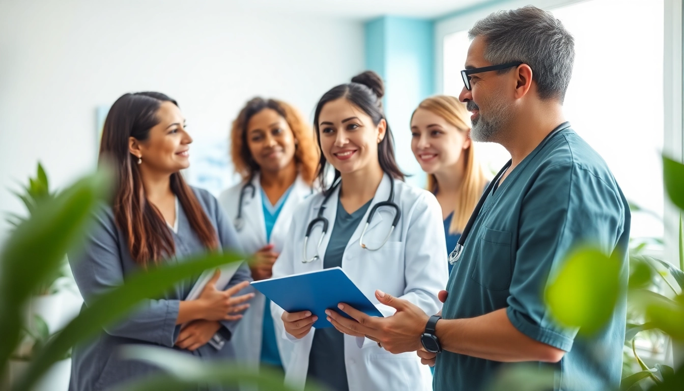 YourGP professionals collaborating in a health clinic environment, showcasing teamwork and care.