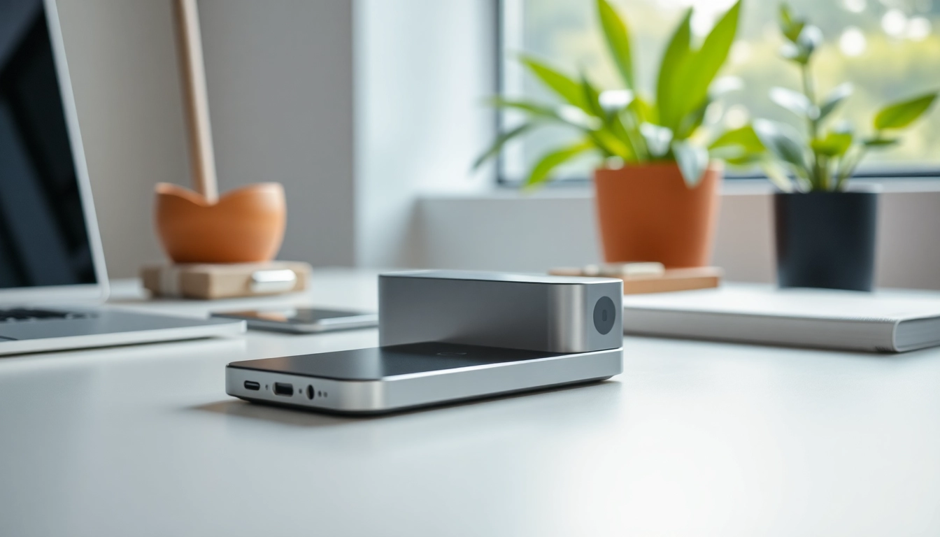Phonelocker auf modernem Schreibtisch mit sanften Lichtakzenten und eleganter Anordnung.
