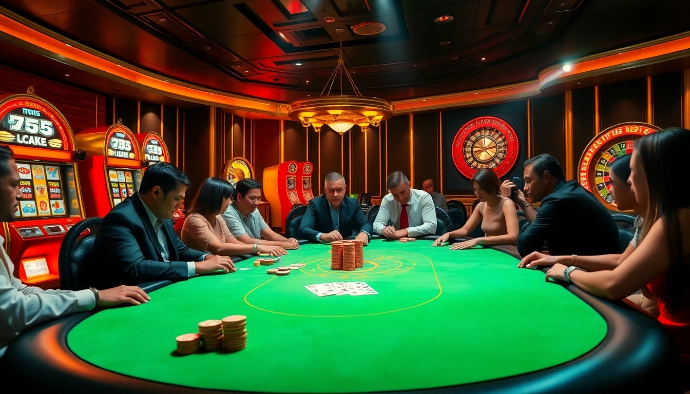 A thrilling poker game at b52 club with vibrant action, chips, and neon-lit slots.