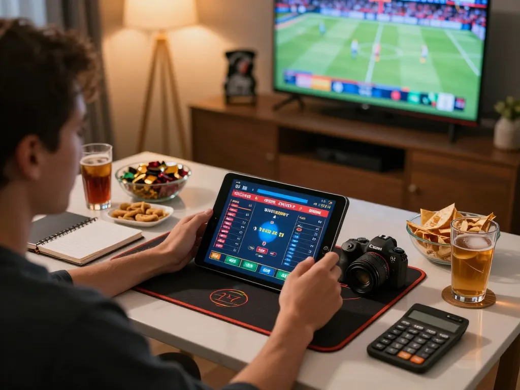 NHÀ CÁI SC88 showcases immersive online sports betting experience with engaged player using tablet for strategic wagers.