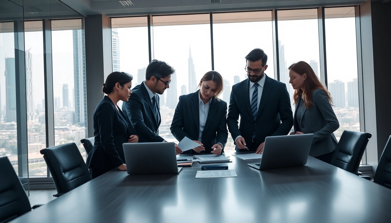 Business Consultants in Dubai collaborating in a modern office setting with city skyline view.