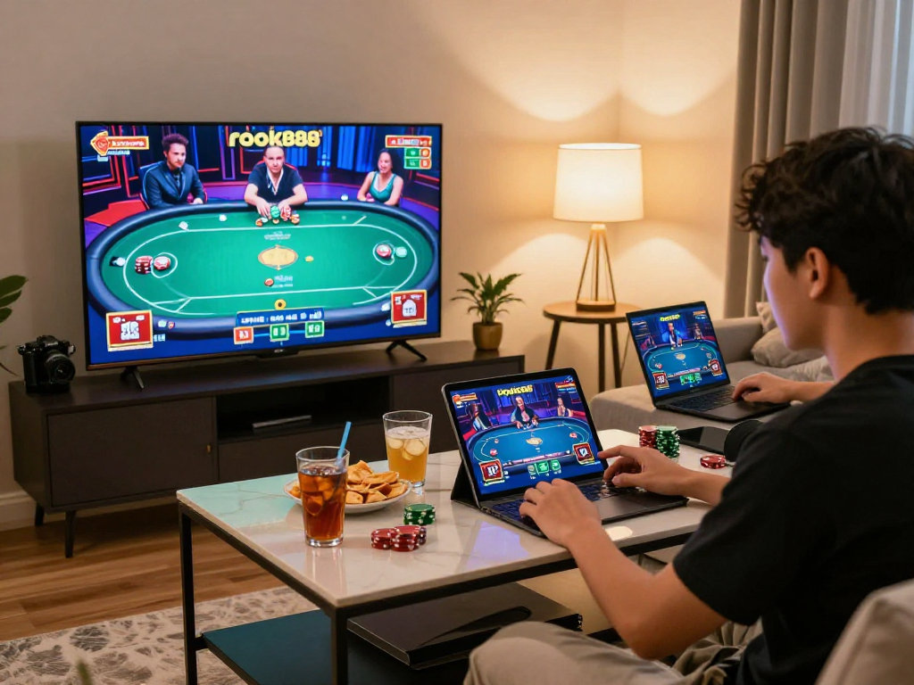 Players enjoying a lively rokok88 online gaming session in a cozy room.