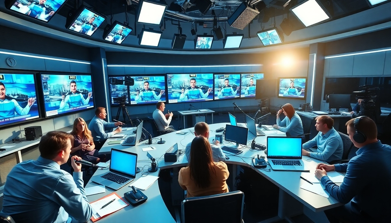 Engaging newsroom filled with journalists creating news content collaboratively.