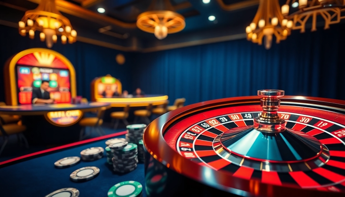 Scène engageante mettant en scène un site de casino en ligne avec des jetons de poker vibrants et une roue de roulette.