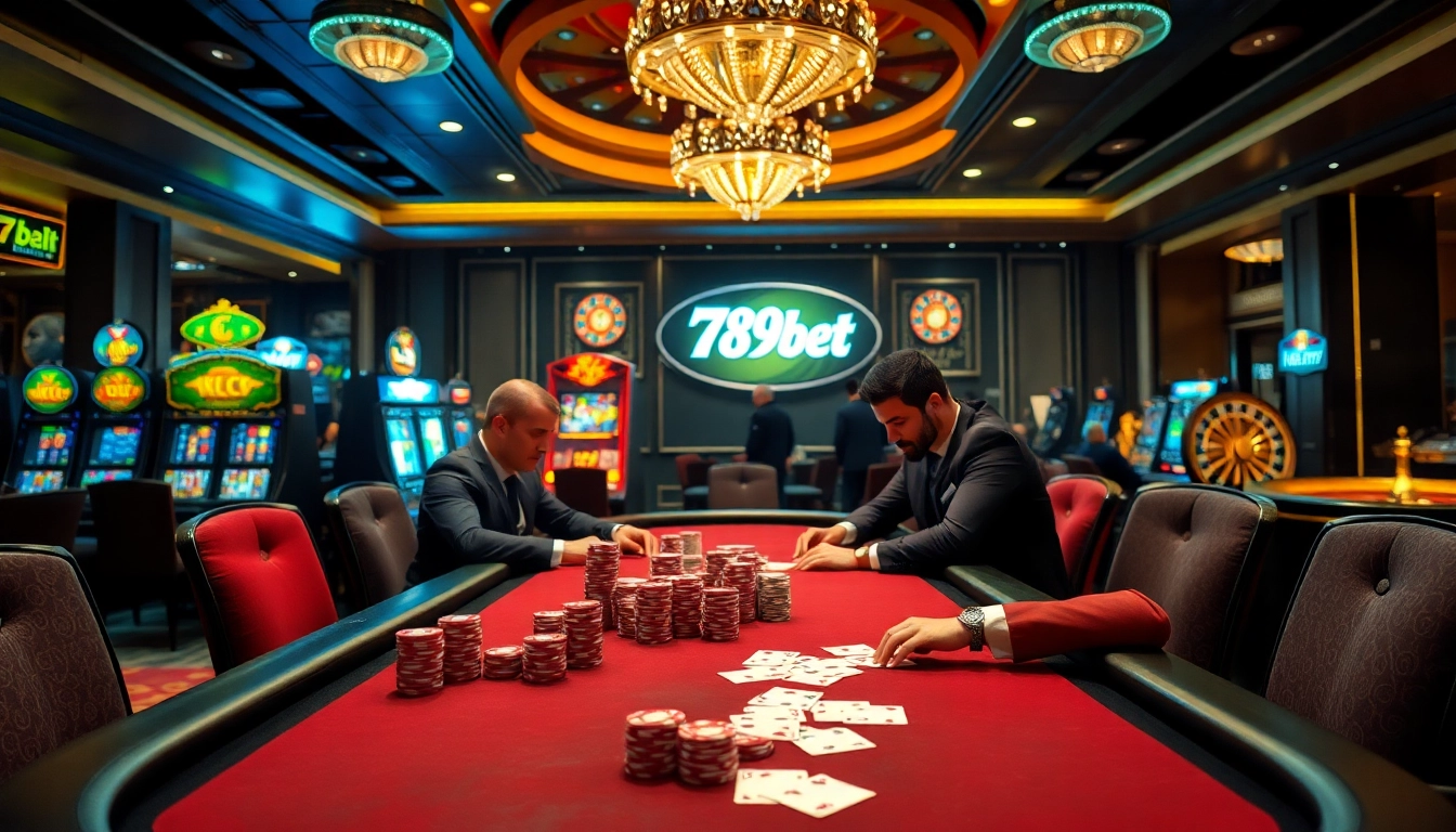 Exciting high-stakes game at 789bet casino table featuring poker chips and cards.
