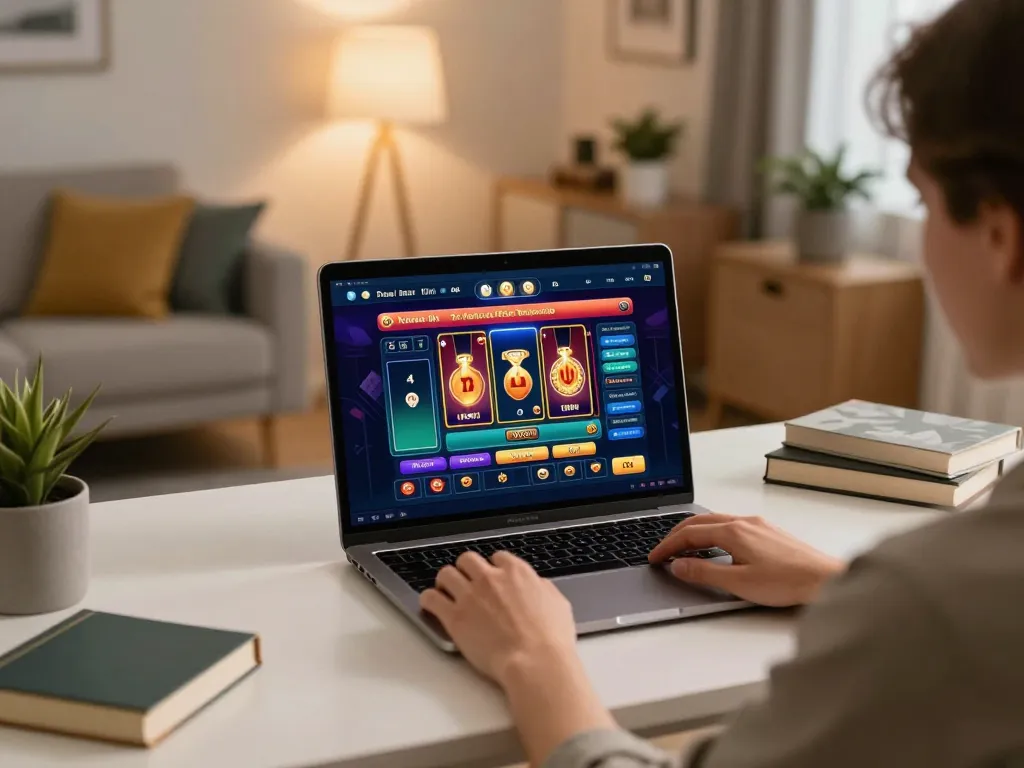 Person engaging with the qq88 online casino interface on a laptop in a cozy home setting.