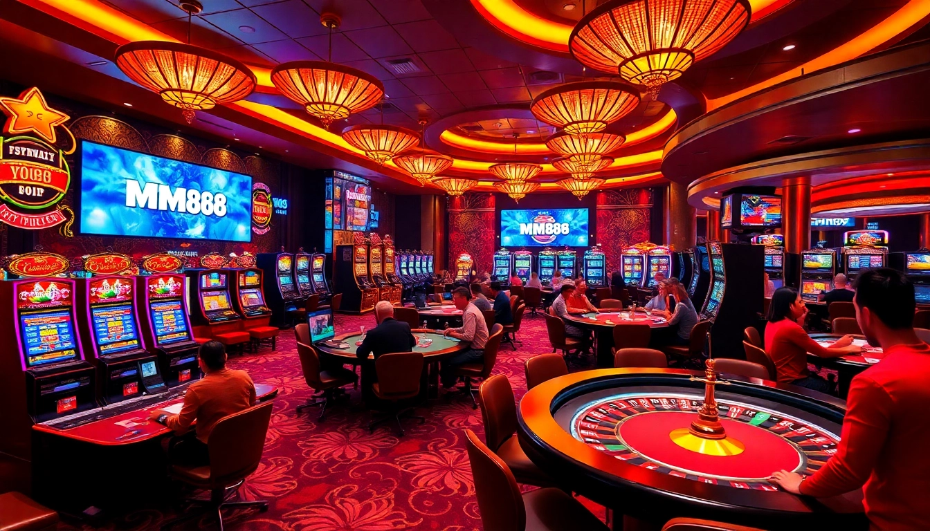 Players enjoying games at mm88 casino with vibrant slot machines and poker tables.