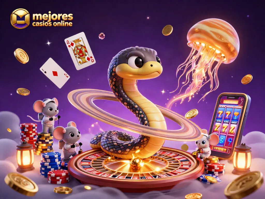Conoce los mejores casinos online, girando la ruleta cósmica en esta ilustración vibrante.