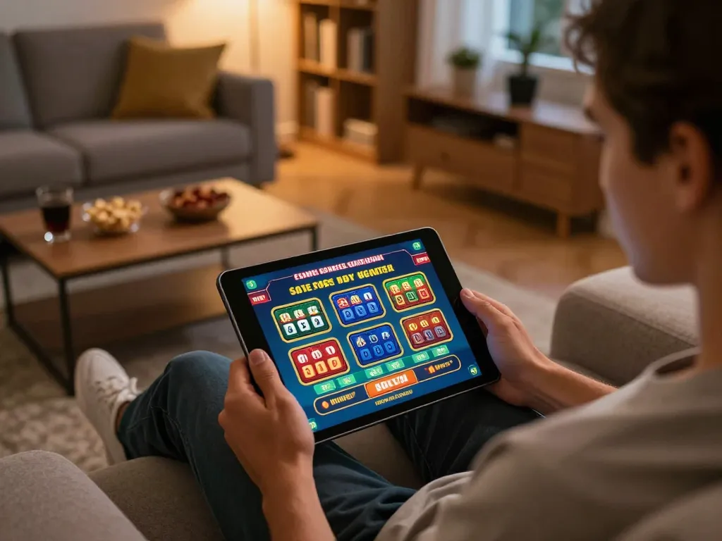 Engaging with casino online gratis senza registrazione on a tablet in a cozy living room.