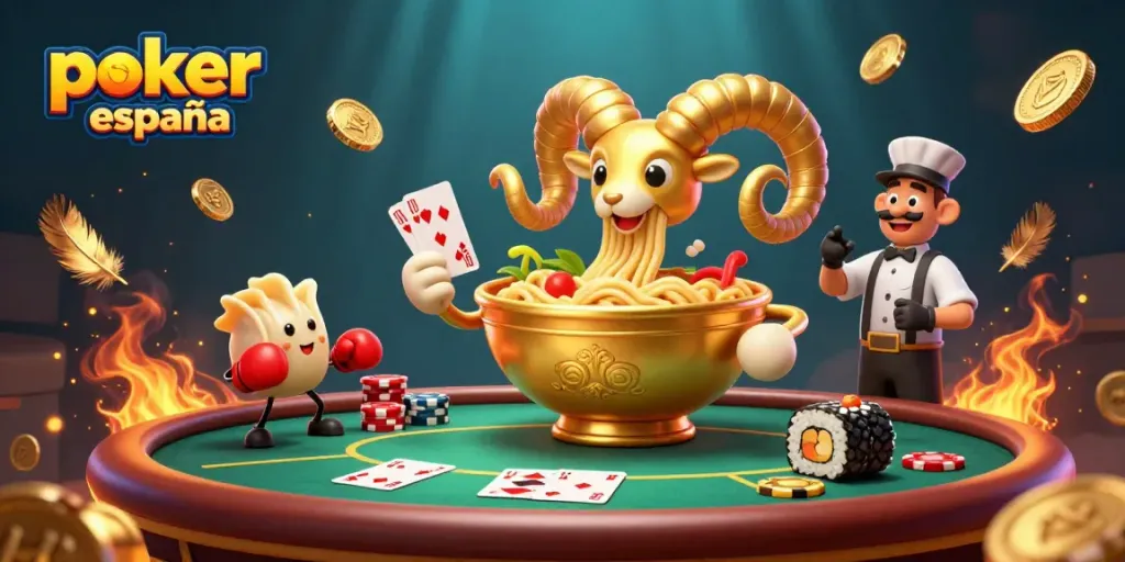 Disfruta del emocionante ambiente del poker online en España con un enorme tazón de ramen que reparte cartas y fichas.