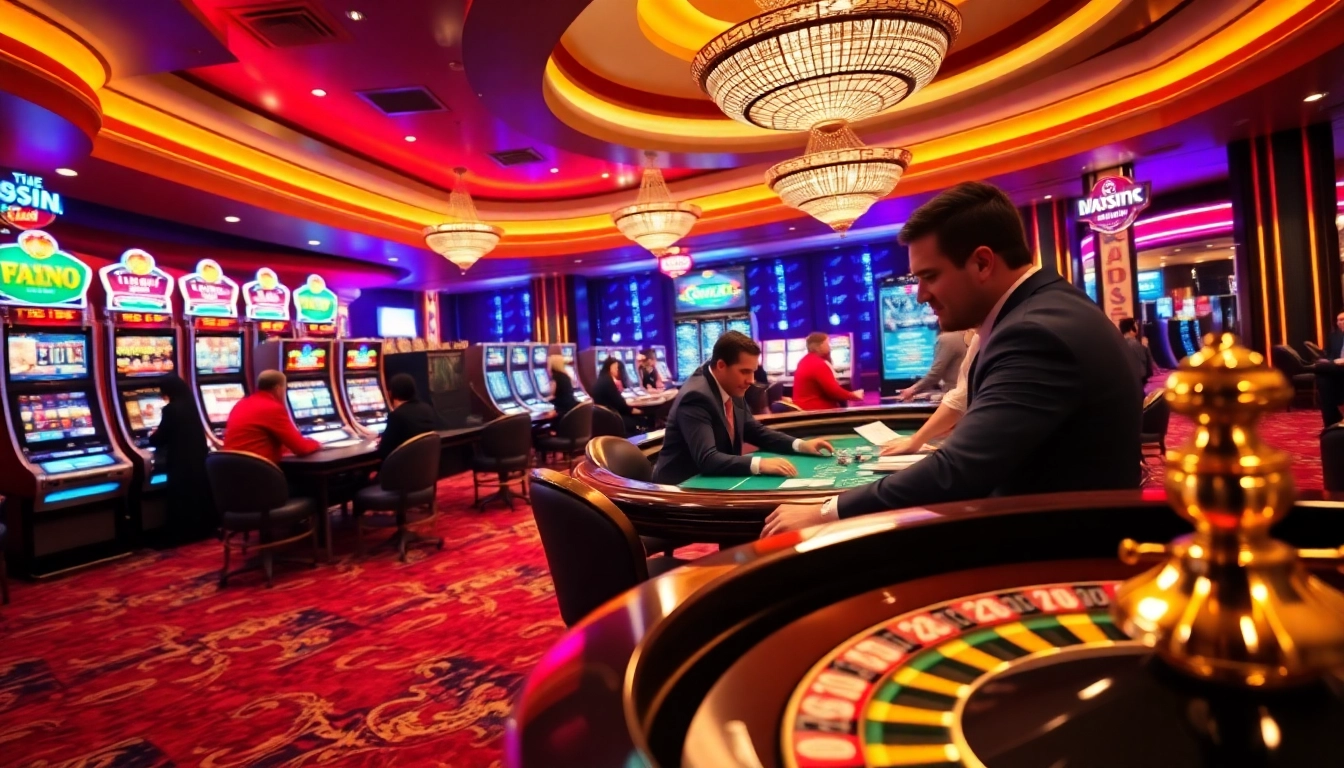 Joueurs profitant de 'casino en ligne Français 2026' avec des machines à sous vibrantes et une roue de la roulette.