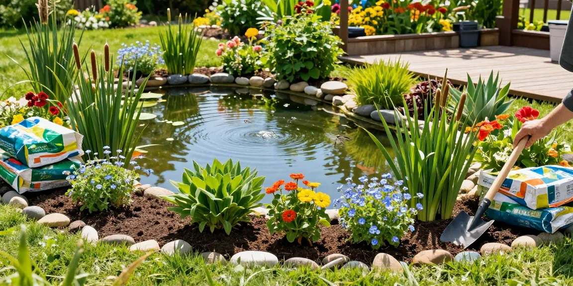 Buy Marginal Pond Plants like beautiful cattails and water forget-me-nots in a tranquil garden pond setting.