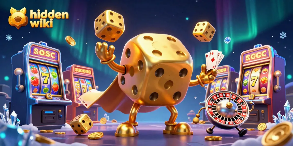Engage with the hidden wiki through an expressive golden dice golem juggling, surrounded by vibrant casino elements.