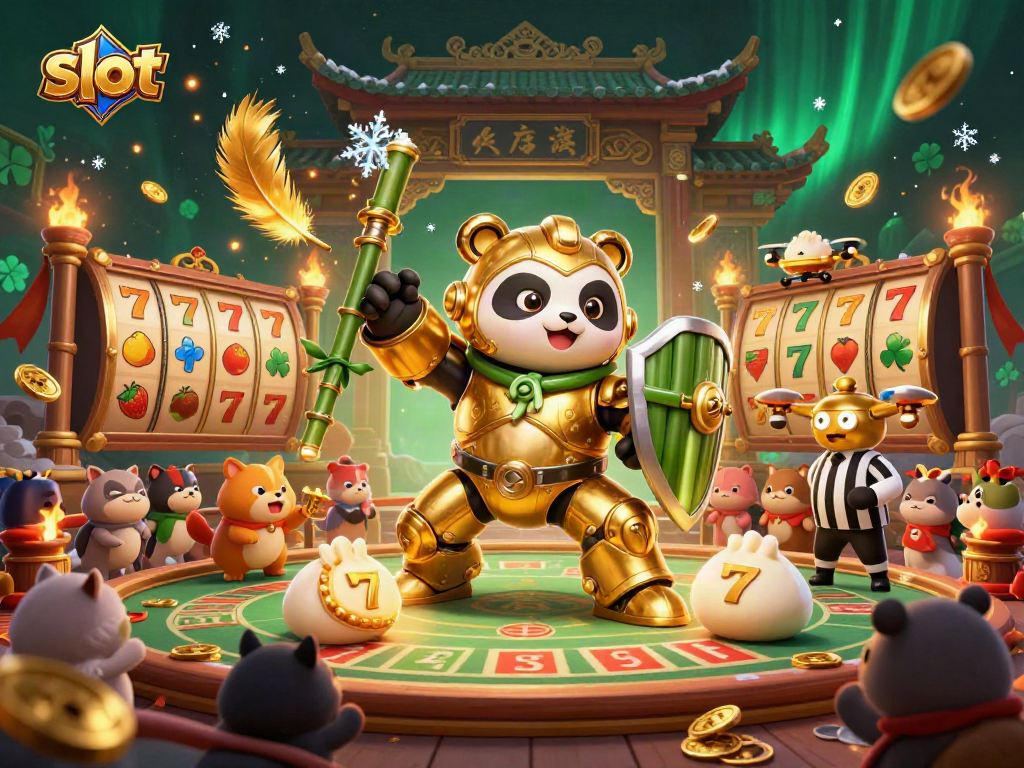 Spin winning slot machines with dynamic 3D panda robot battling in a vibrant casino arena.