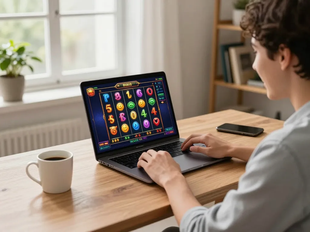 Experience the thrill of a slot bonus new member 100 while gaming on a laptop in a cozy home setting.