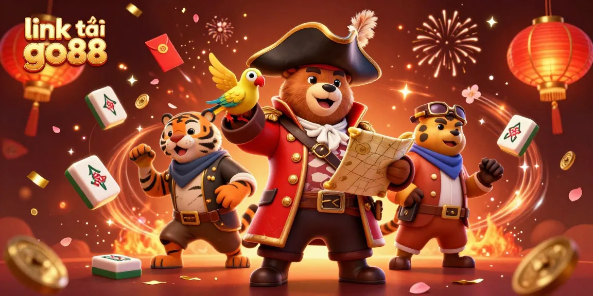 Experience excitement with link tải go88 as the bear pirate and tiger strategize in vibrant casino-themed illustration.