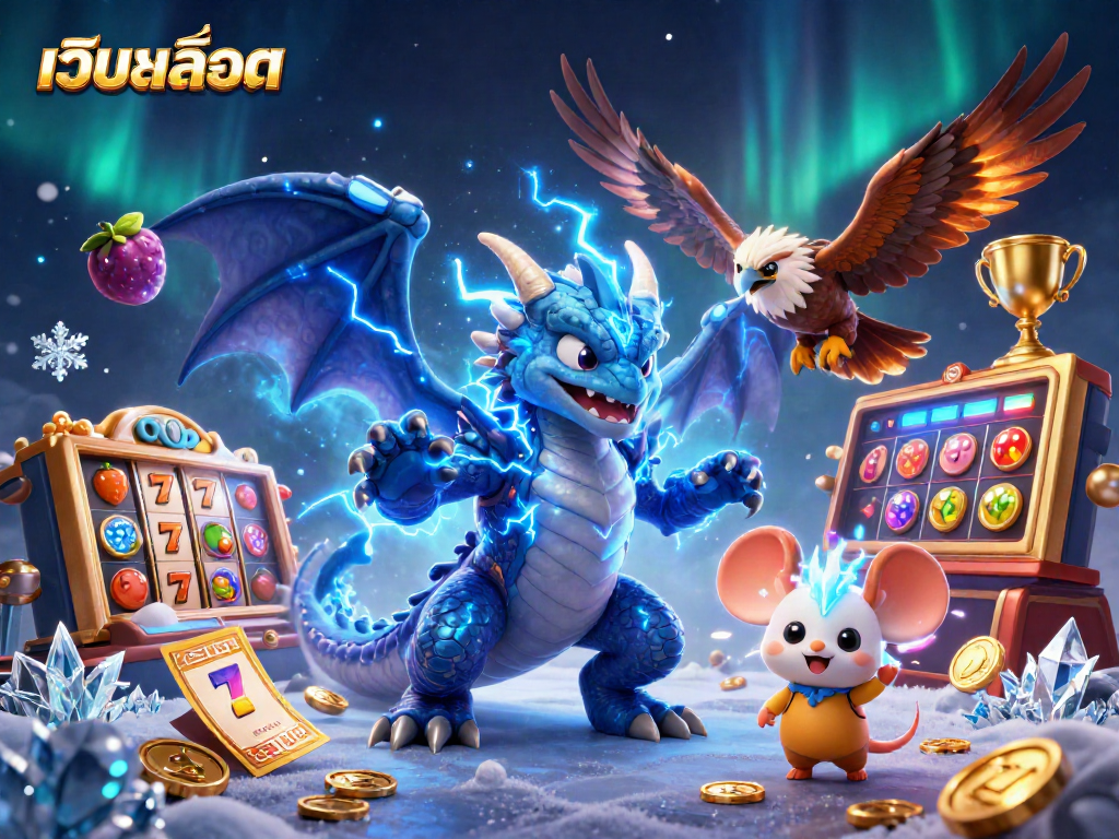 Experience thrilling เว็บสล็อต action with a dragon, hawk, and lightning mouse in a vibrant casino scene.