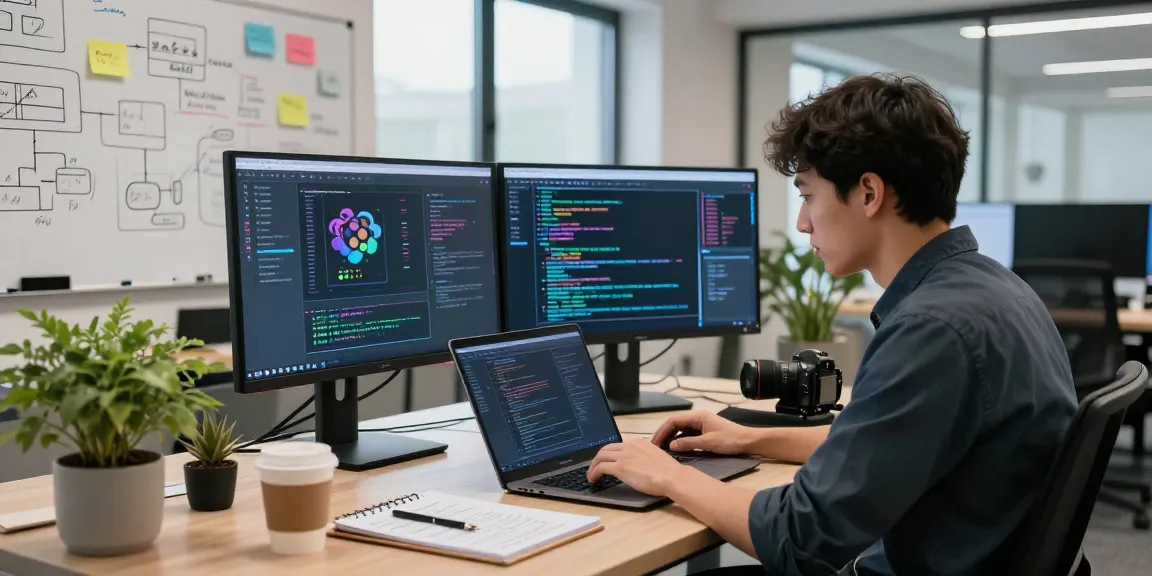 Professional workspace depicting a developer coding with spicy ai technologies, vibrant notes on whiteboard, and an energetic atmosphere.
