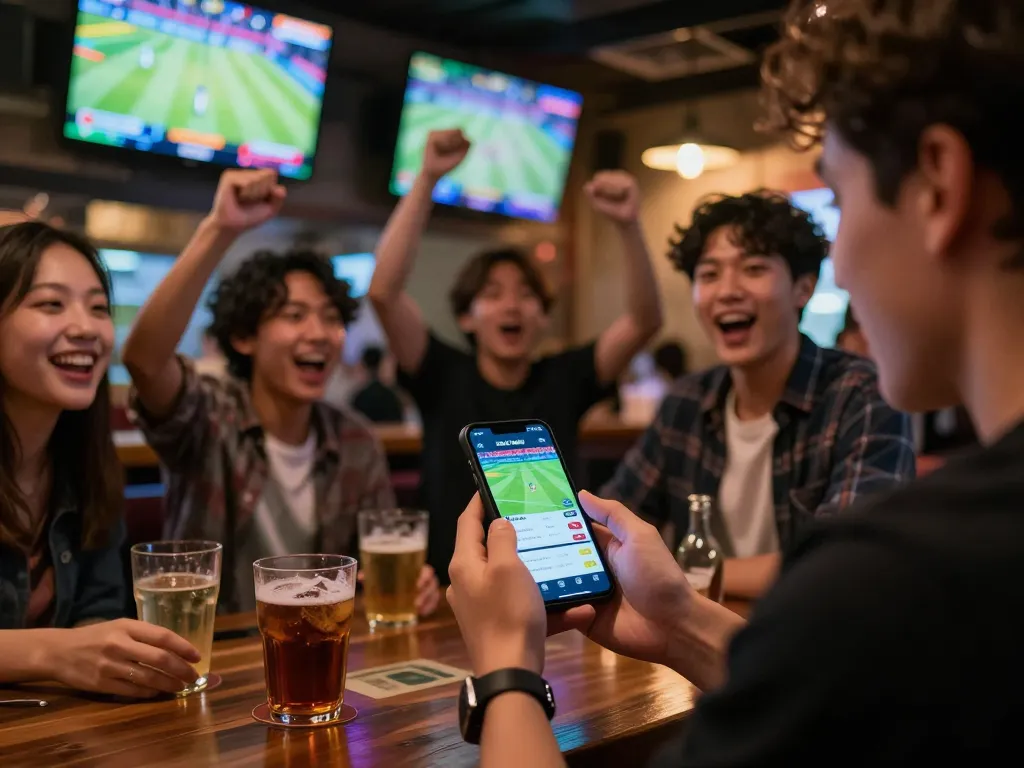 Betting on sports through the NHÀ CÁI MB88 mobile app in a bustling bar, vibrant atmosphere.
