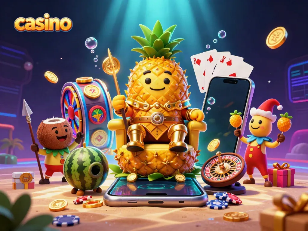 Engaging casino scene featuring a pineapple king with theme elements like slot reels and poker cards, perfect for gamblers.