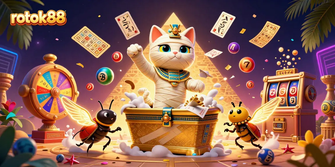 Experience thrilling rokok88 gaming with a 3D animated Egyptian mummy cat surrounded by vibrant lottery elements.