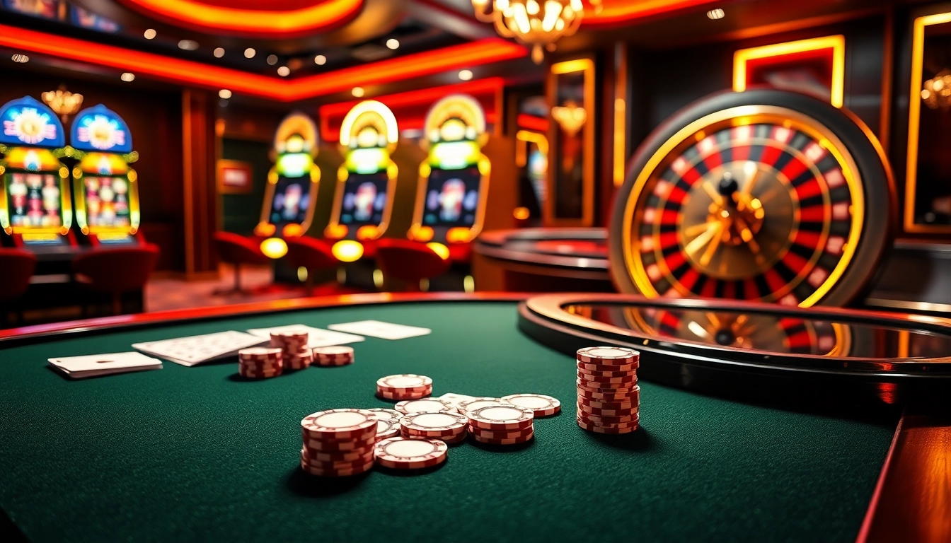 Découvrez l'excitation au casino en ligne Français 2026 avec une scène de poker vibrante et des machines lumineuses.
