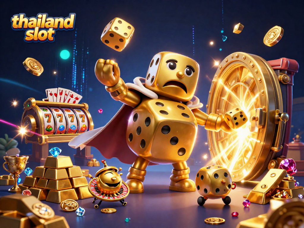 Experience the thrill of the thailand slot with vibrant golden dice and luxurious treasure elements.