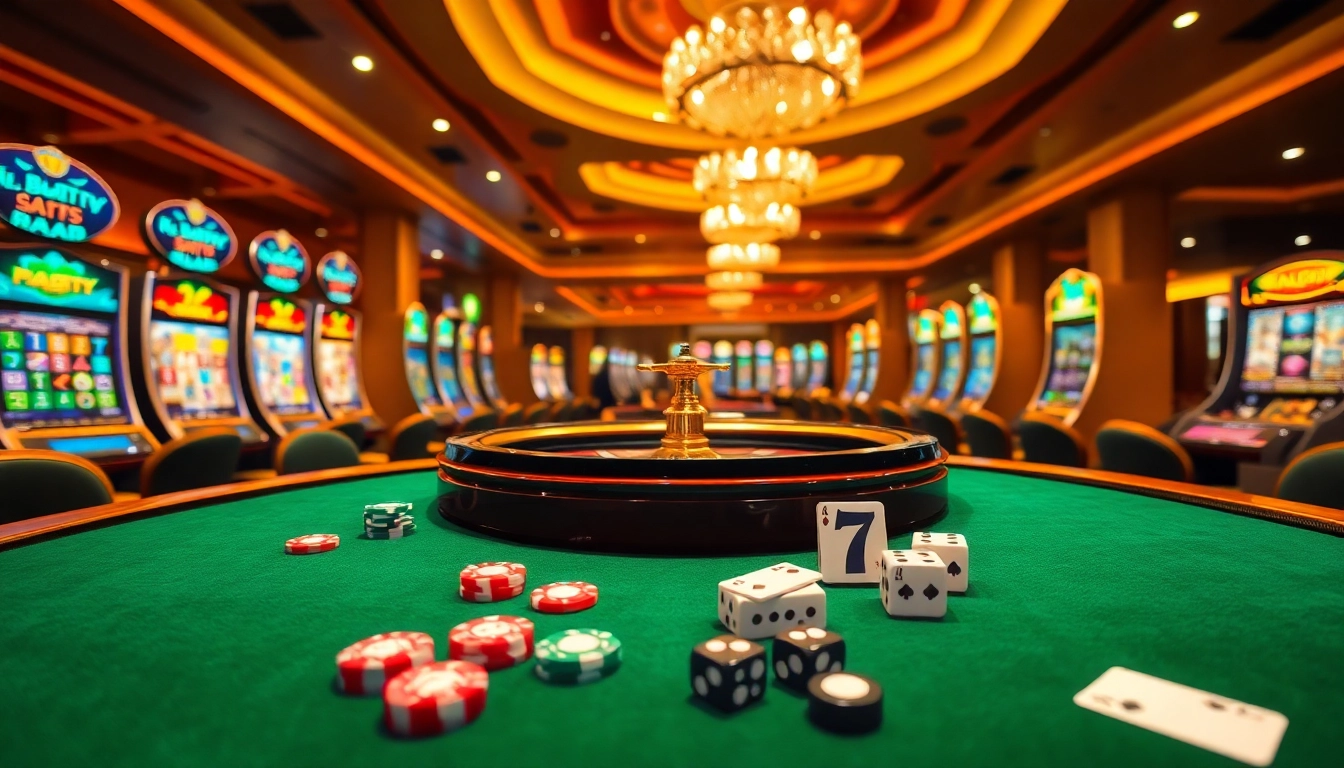 Engaging casino atmosphere highlighting rtp pragmatic play slots with vibrant machines and roulette table.