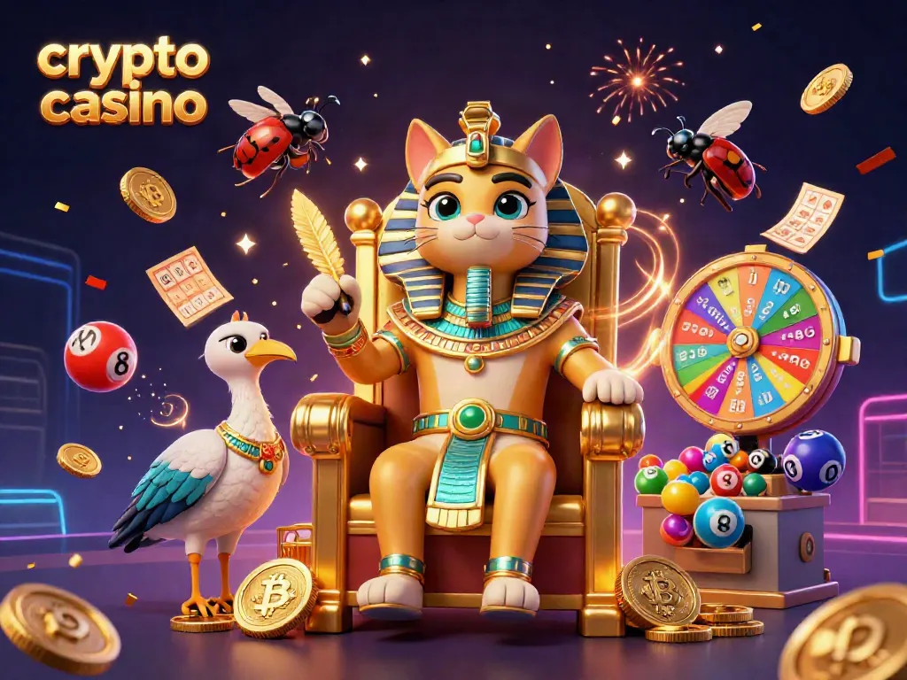 Gioca nei migliori crypto casino con Bitcoin e Ethereum in un'illustrazione vivace e festosa.