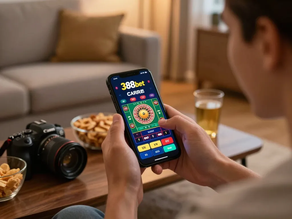 Engaging gameplay on the 388bet mobile app, showcasing roulette excitement and responsible gaming in a cozy living room.