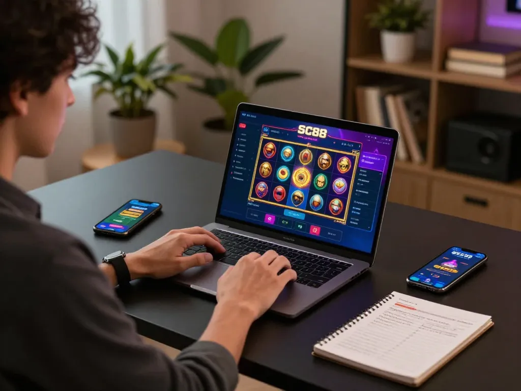 Engaging scene of SC88 đăng nhập with a stylish person immersed in online gaming at a modern desk, showcasing vibrant slot graphics.