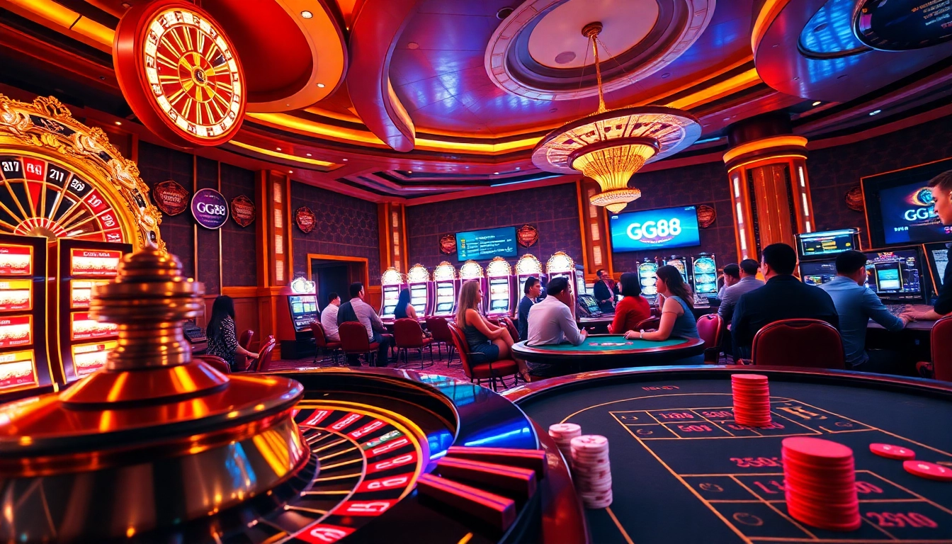 Players enjoying high-stakes action at GG88's luxurious casino with vibrant slot machines and a roulette wheel.