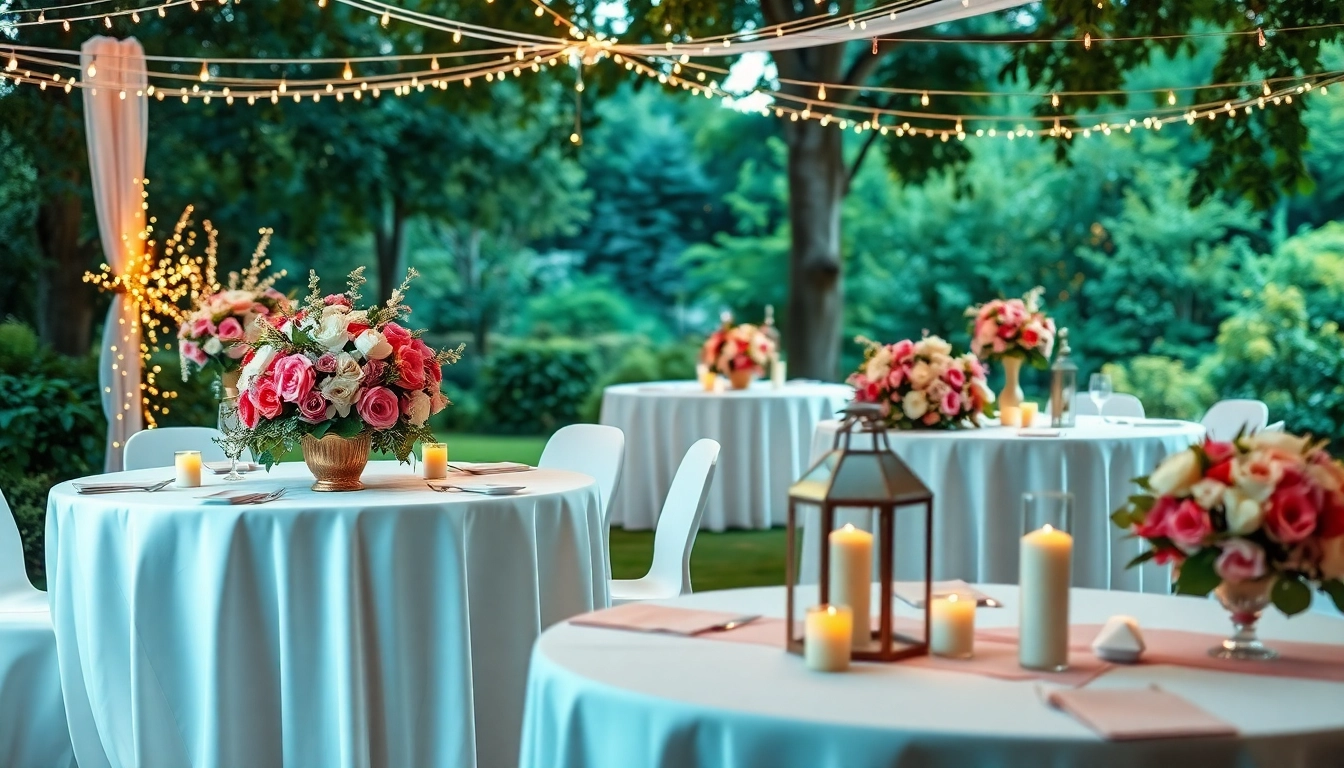 Delightful Wedding & Event Rentals setup with floral arrangements and soft lighting.