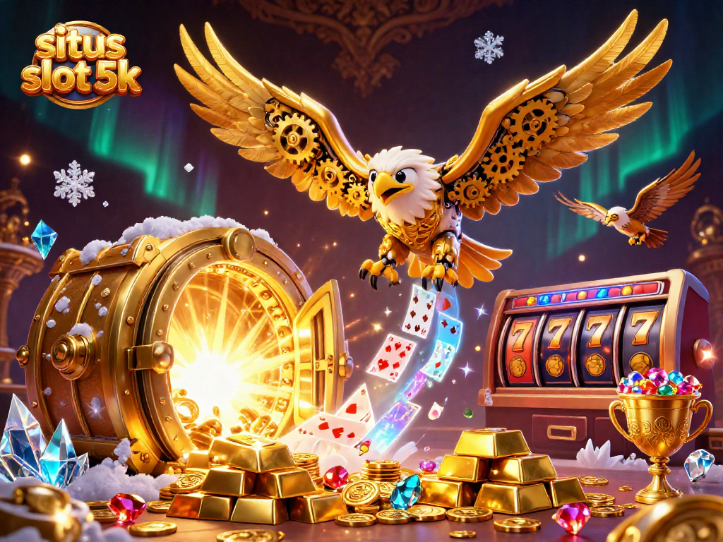 Engage with situs slot 5k through vibrant 3D illustration of a golden eagle amidst casino treasures.