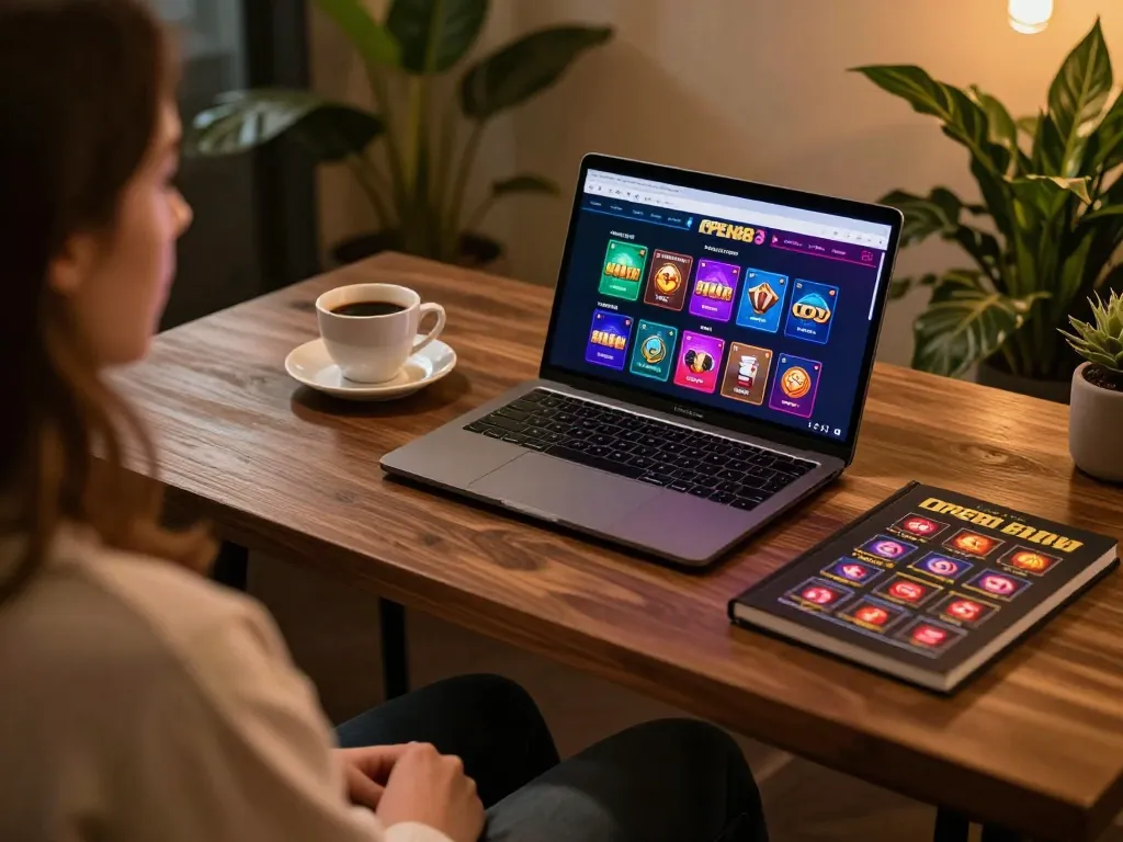 Engaging online gambling setup showcasing open88 casino interface on laptop with cozy elements.