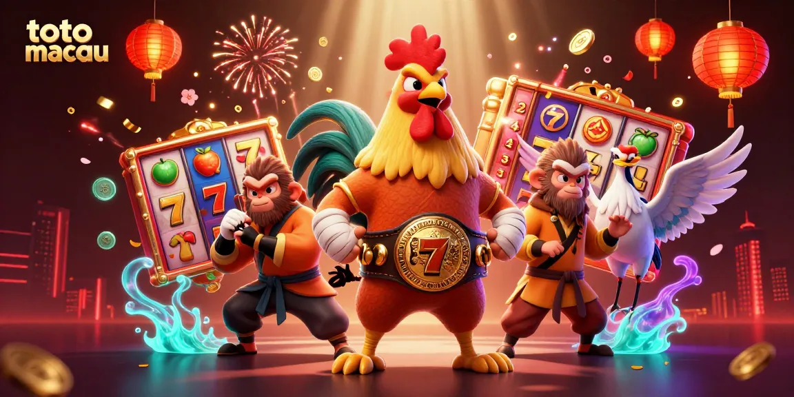 Experience thrilling wins at toto macau with an energetic scene of a fierce rooster and friends among vibrant slot symbols.