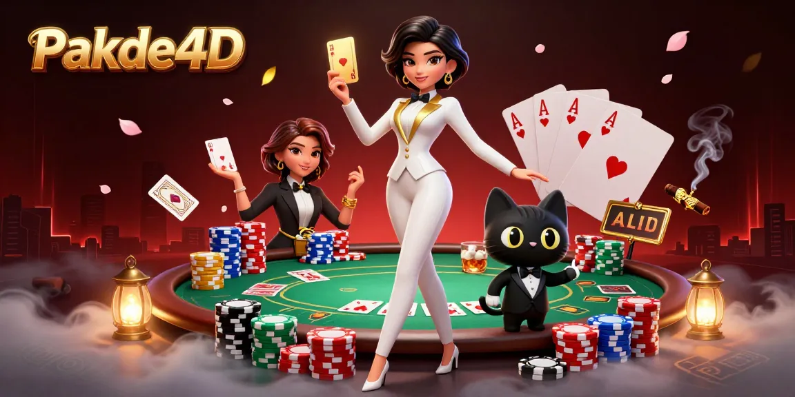 Pakde4D showcases a glamorous woman shuffling cards with a charming black cat beside her.