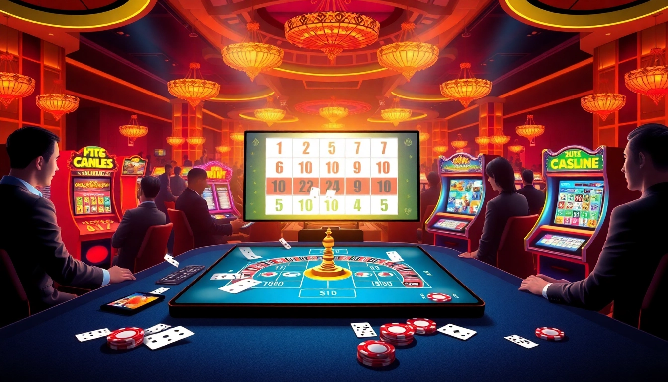 Scène de casino en ligne engageante présentant casino en ligne Français 2026 avec des jeux de poker et des machines à sous vibrantes.