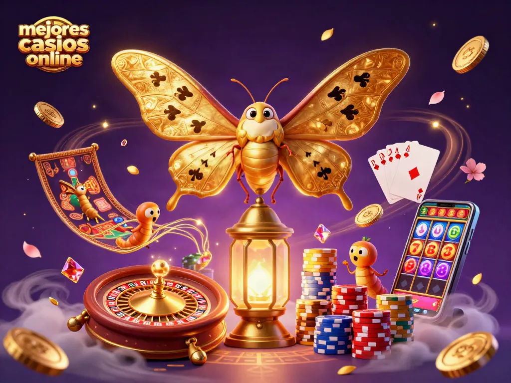 Disfruta de la magia de los mejores casinos online con una ilustración emocionante de una polilla que integra elementos de juego.