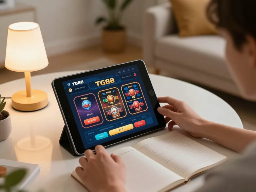 Engaging in online casino gaming on TG88 with a tablet in a cozy home setting.