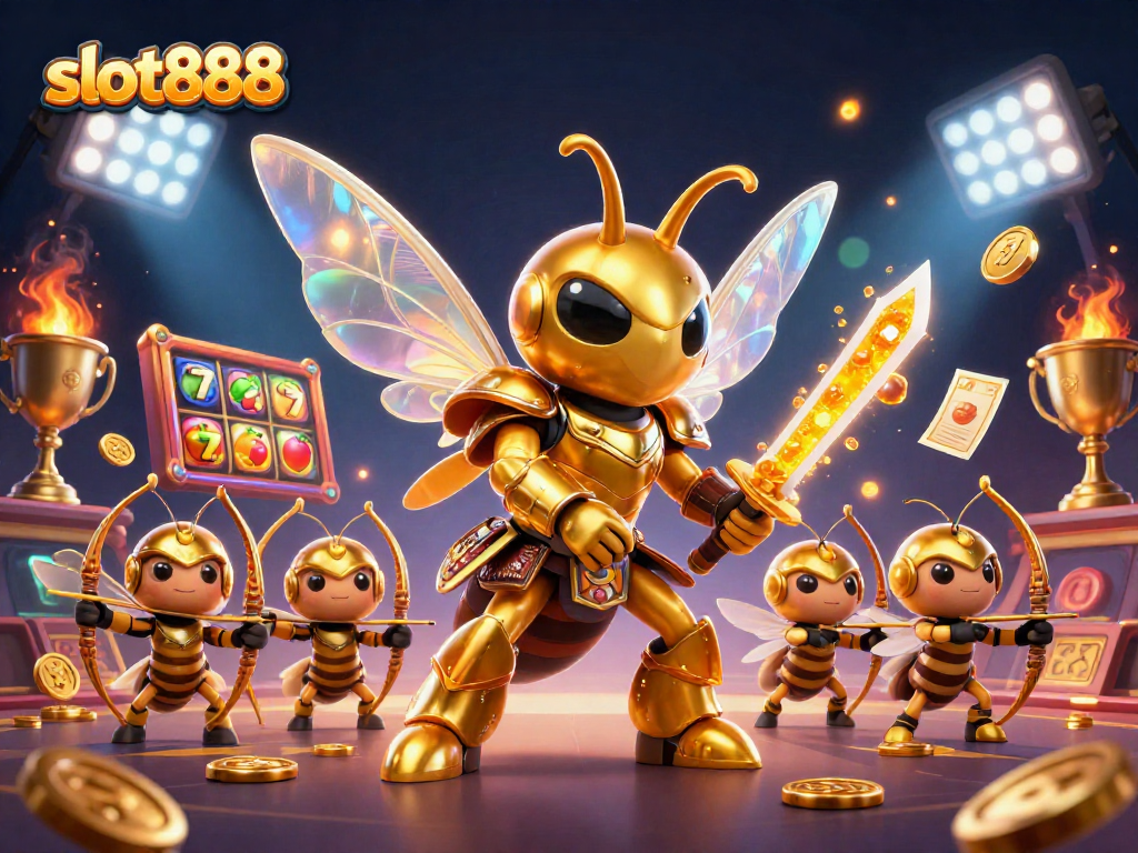 Slot888 mempersembahkan ilustrasi permainan slot dengan karakter menarik dan elemen kemenangan.
