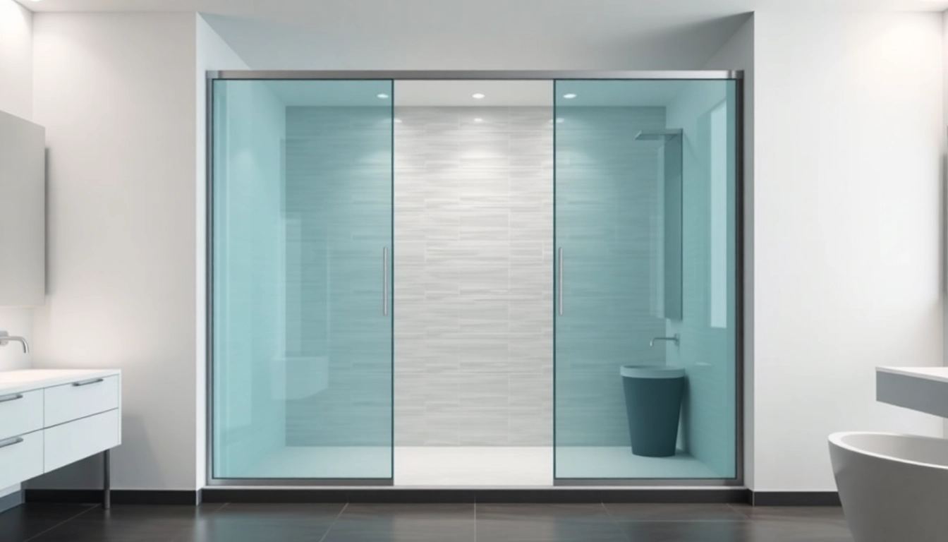 Show shower sliding doors in a stylish bathroom, enhancing the modern design.