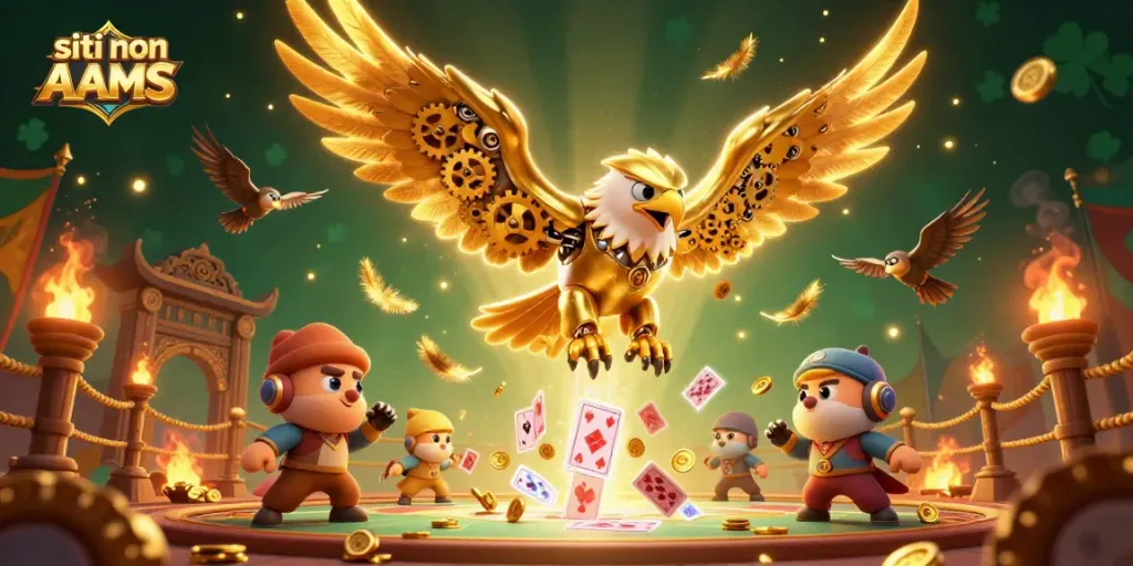 Scopri i siti non AAMS con un'aquila d'oro che vola tra carte da gioco in un'illustrazione coinvolgente.