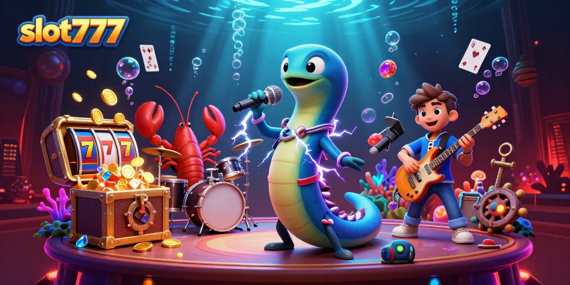 Slot777 menyajikan ilustrasi kasinografi dengan ikan belut DJ dan band di panggung bawah laut.