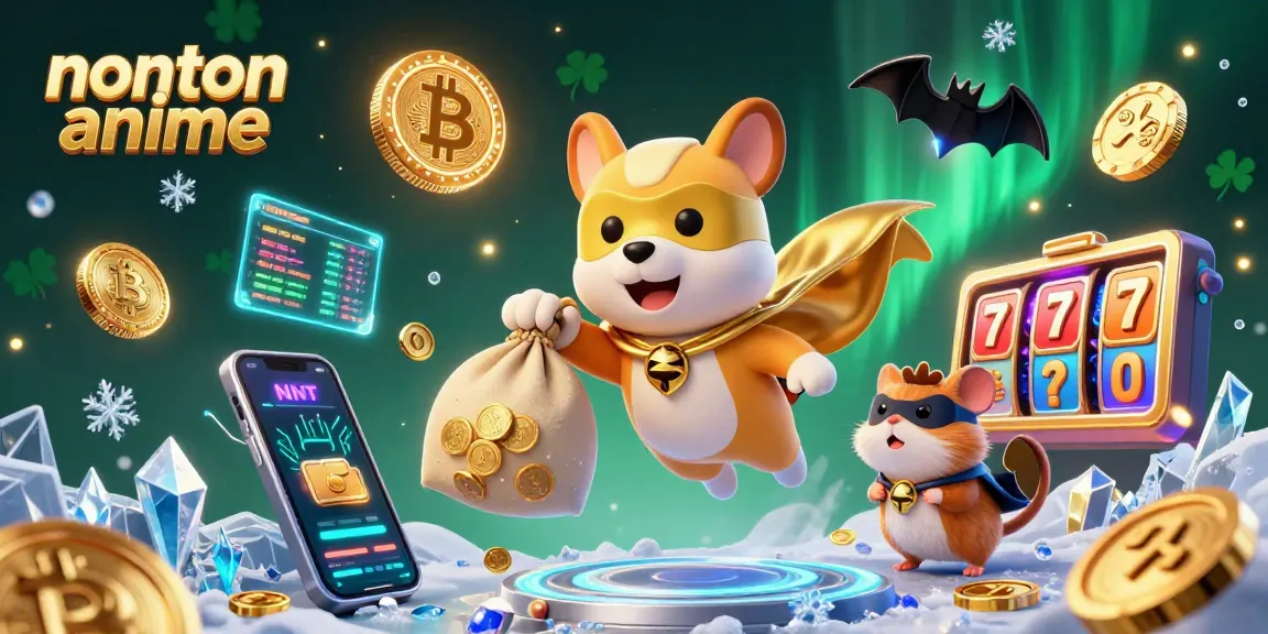Nonton anime scene with a superhero dog and hamster in a casino-themed illustration featuring vibrant gold coins.
