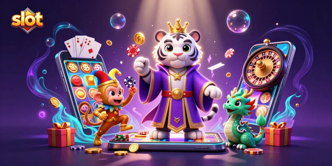 Engage in thrilling slot gameplay featuring a royal tiger, jester monkey, and dragon in dazzling 3D art.